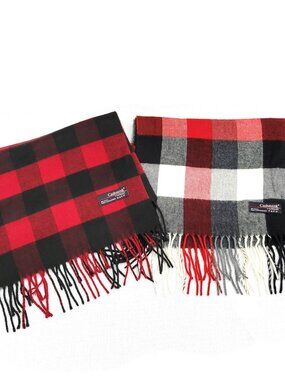 Set of 2 V. Fraas Cashmink Scarves: Red Buffalo Plaid & Multi-Check, Soft & Warm